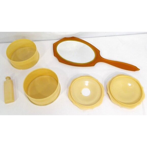 Beige celluloid hand mirror with round box, hair saver box & small bottle 1930's - Picture 2 of 4